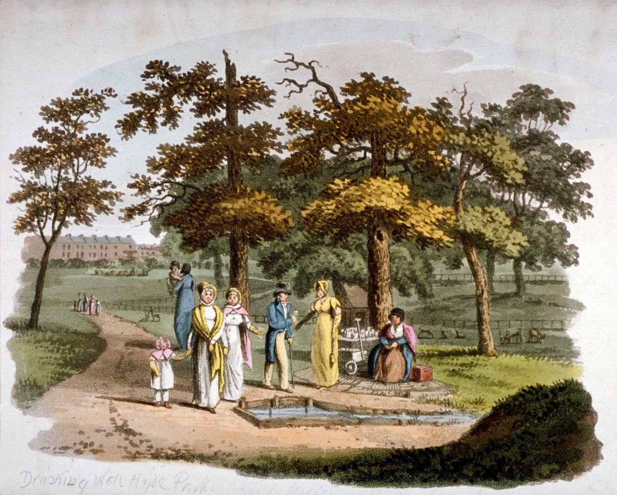 Udsigt over en drikkebrønd, Hyde Park, Westminster, London, 1812 af William Pickett