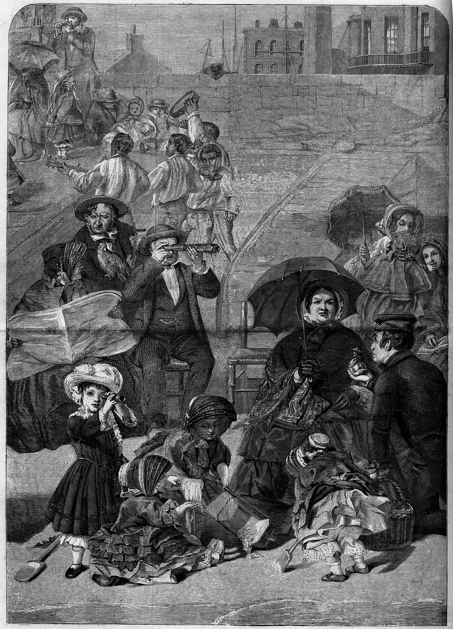 Victoriansk England: Turister på stranden i Ramsgate, England af William Powell (after) Frith