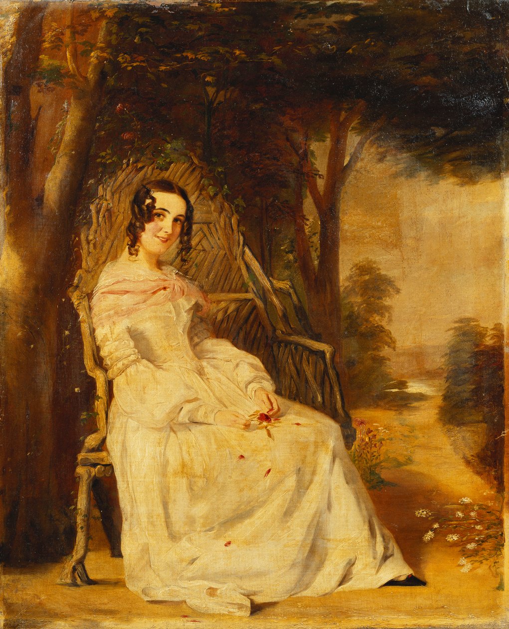 Portræt af Mary Freer siddende lille i fuld længde på et havesæde, af William Powell Frith