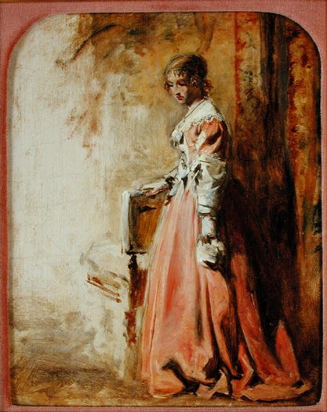 Den lyserøde kjole (olie på papir) af William Powell Frith