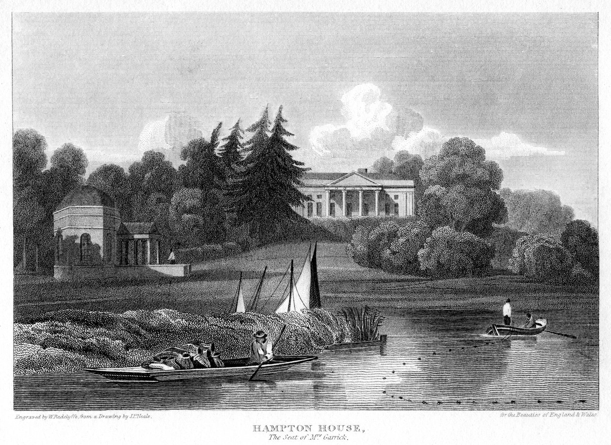 Hampton House, sæde for Mr Garrick, Hampton, Richmond upon Thames, London, 1815. af William Radclyffe