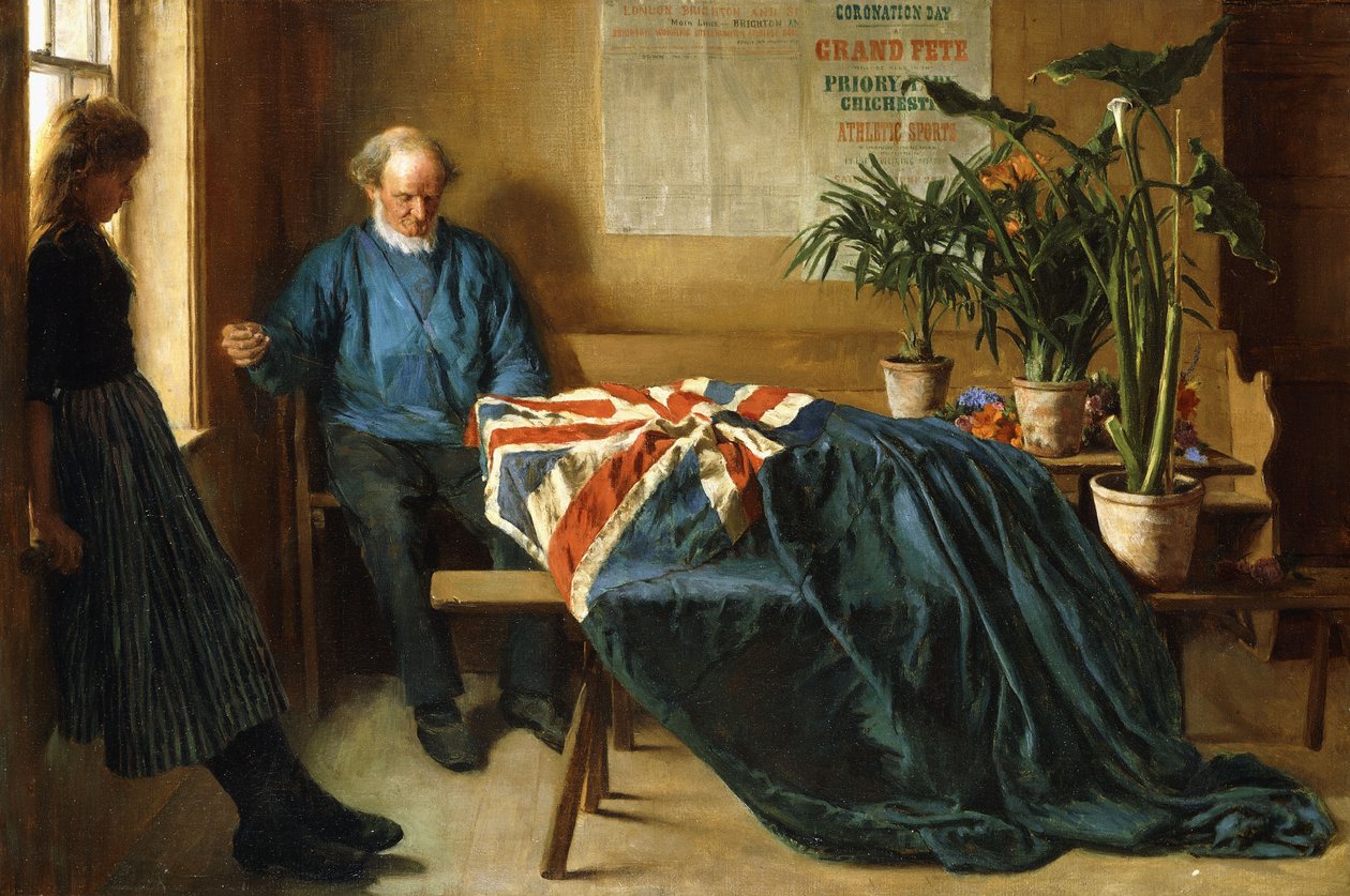 Forberedelse til Coronation Day, Chichester, ca. 1902 (olie på lærred) af William Rainey