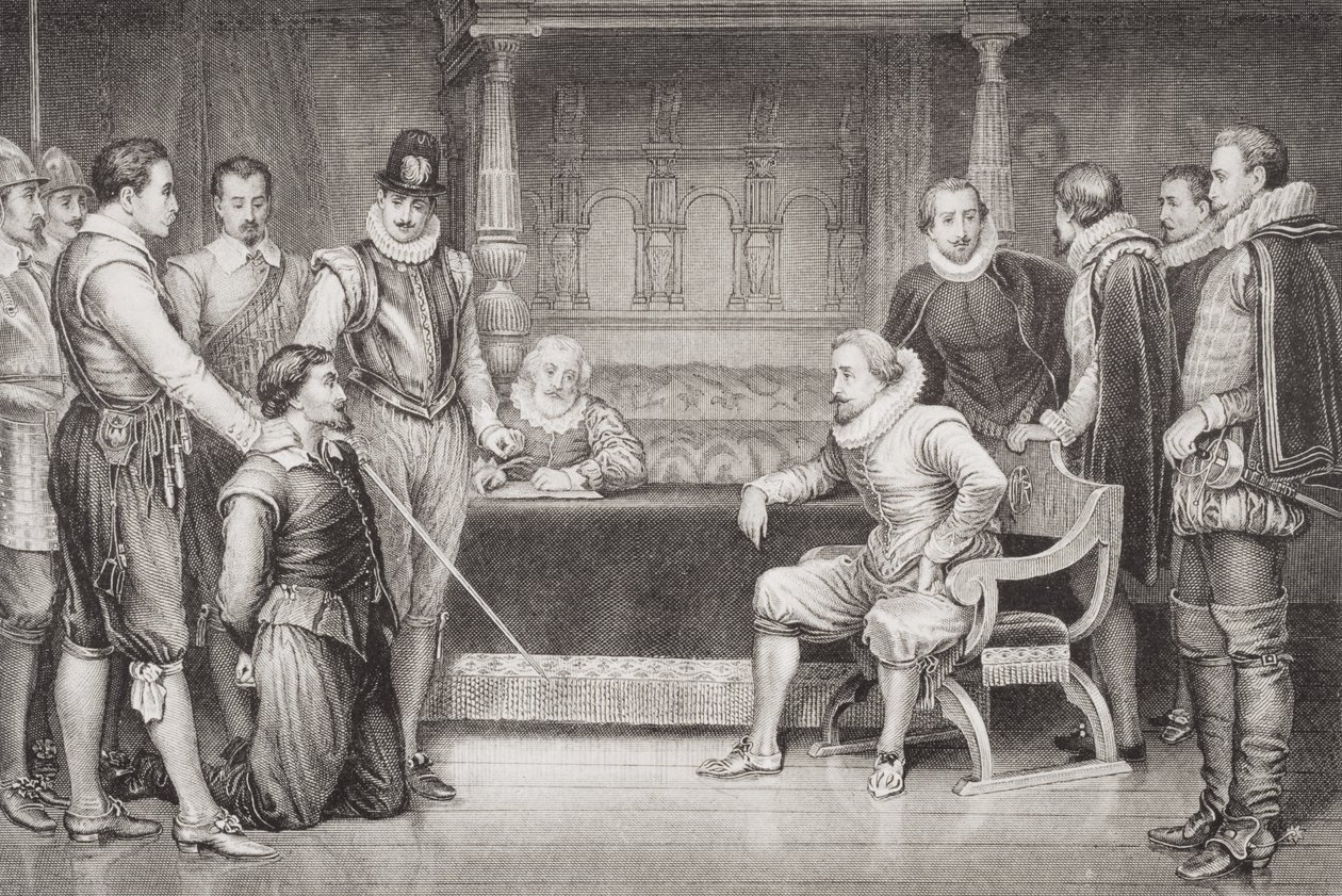 Guy Fawkes (1570-1606) forhørt af James I (1566-1625) og hans råd i kongens sengekammer, fra 