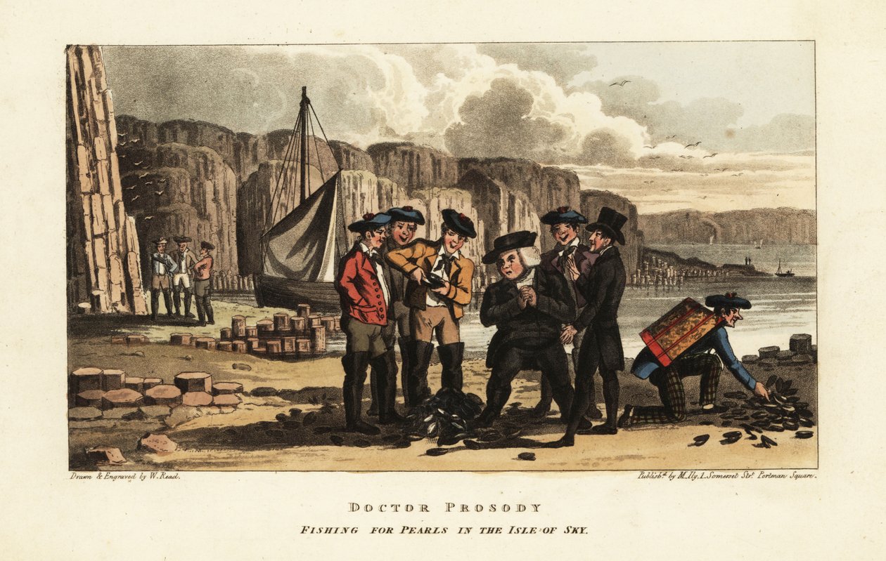 Engelske turister ser skotske fiskere åbne perleøsters på Isle of Skye, Skotland af William Read