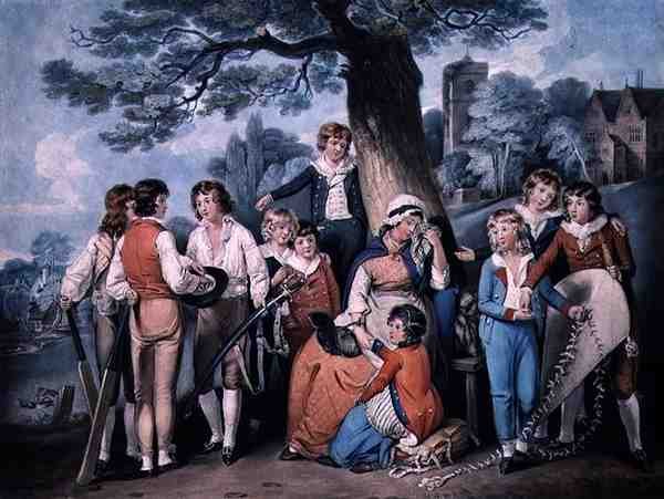 Soldatens enke, eller skoledrenges samling, indgraveret af Robert Dunkarton (1744-c.1817), pub. af James Daniell af William Redmore (after) Bigg