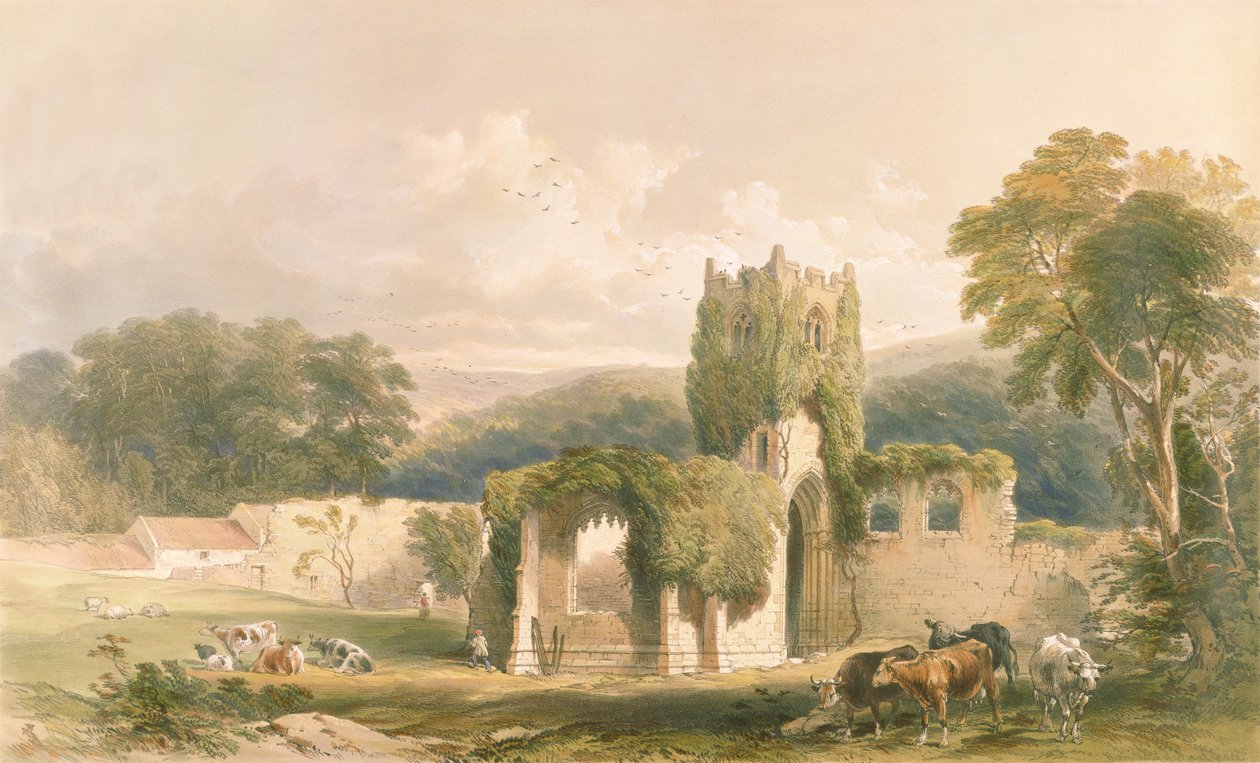 Mount Grace Priory, ydersiden af kirken, fra "The Monastic Ruins of Yorkshire", graveret af George Hawkins (1819-52), 1842 af William Richardson