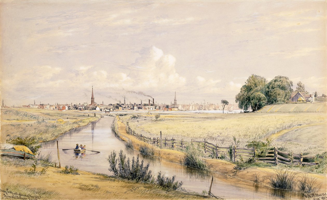 Jersey City med et glimt af New York fra Bergenskanalen, 1854 af William Rickarby Miller