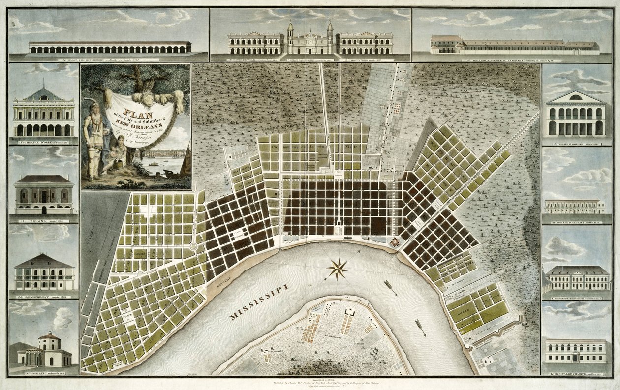 Plan over byen og forstæderne til New Orleans, 1817 af William Rollinson