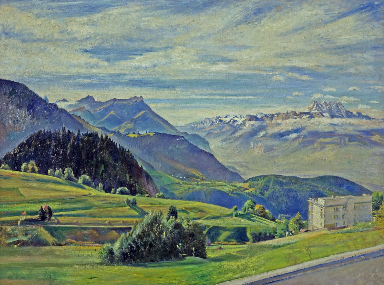 Le Dent du Midi fra Leysin, Schweiz (olie på lærred) af William Rothenstein