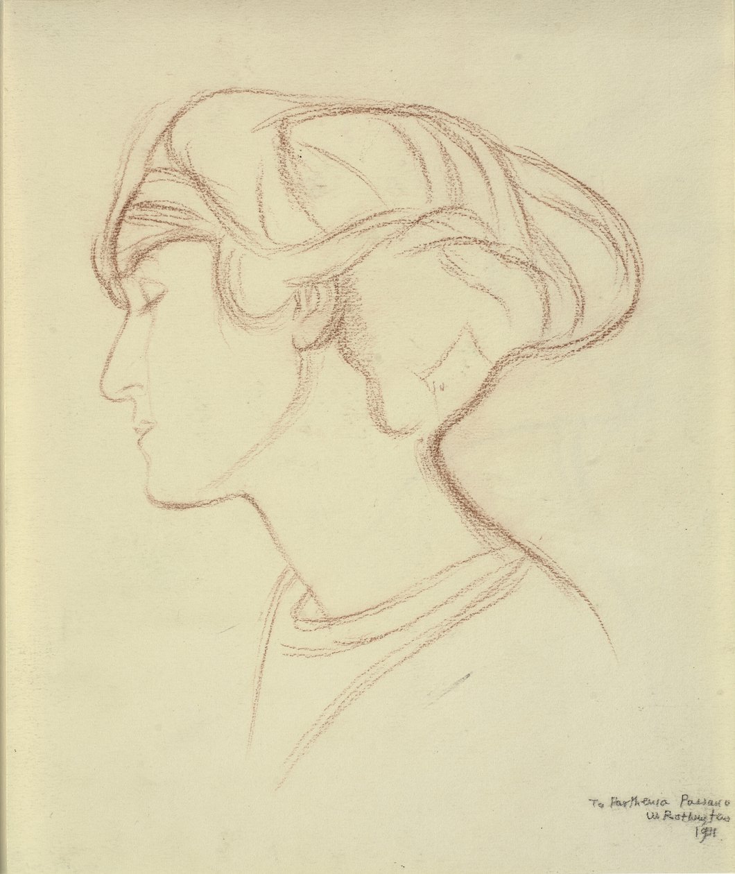 Kvindehoved (Parthenia Passano?) i profil til venstre af William Rothenstein