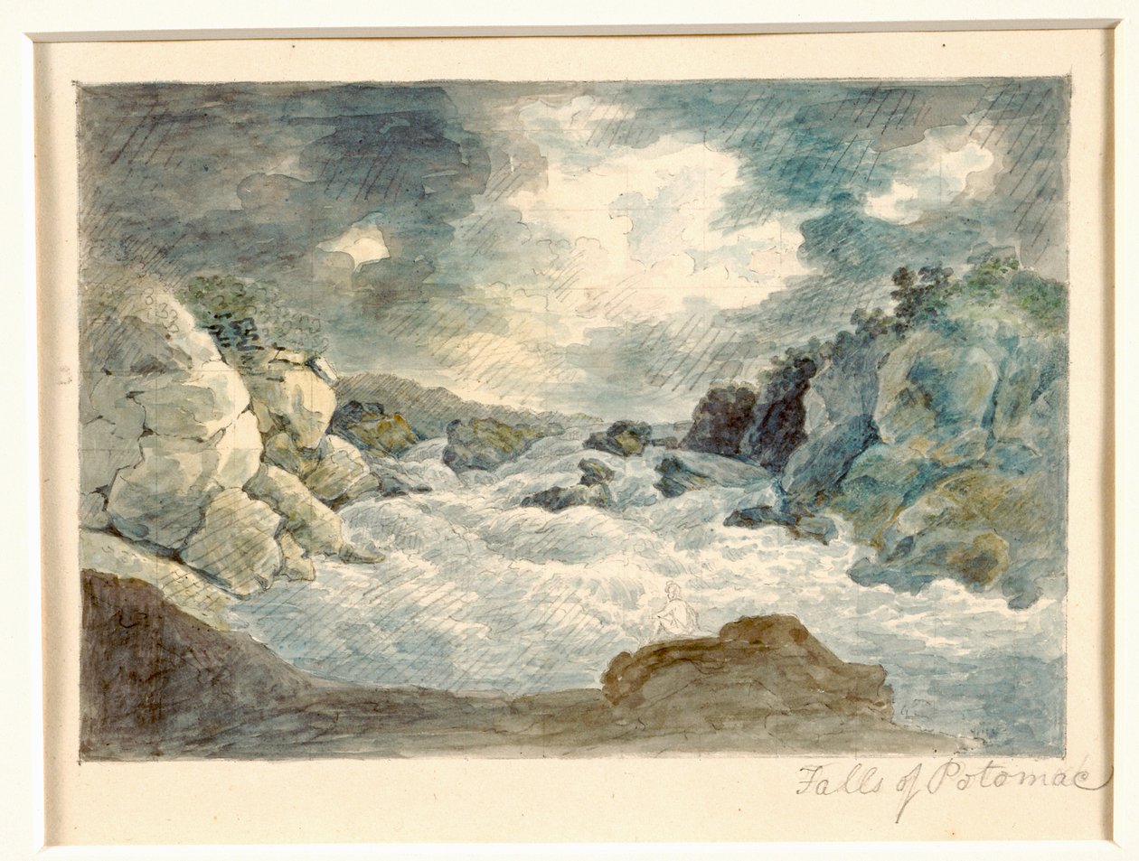 Falls of the Potomac, ca. 1800-10 (blyant og akvarel på papir) af William Russell Birch