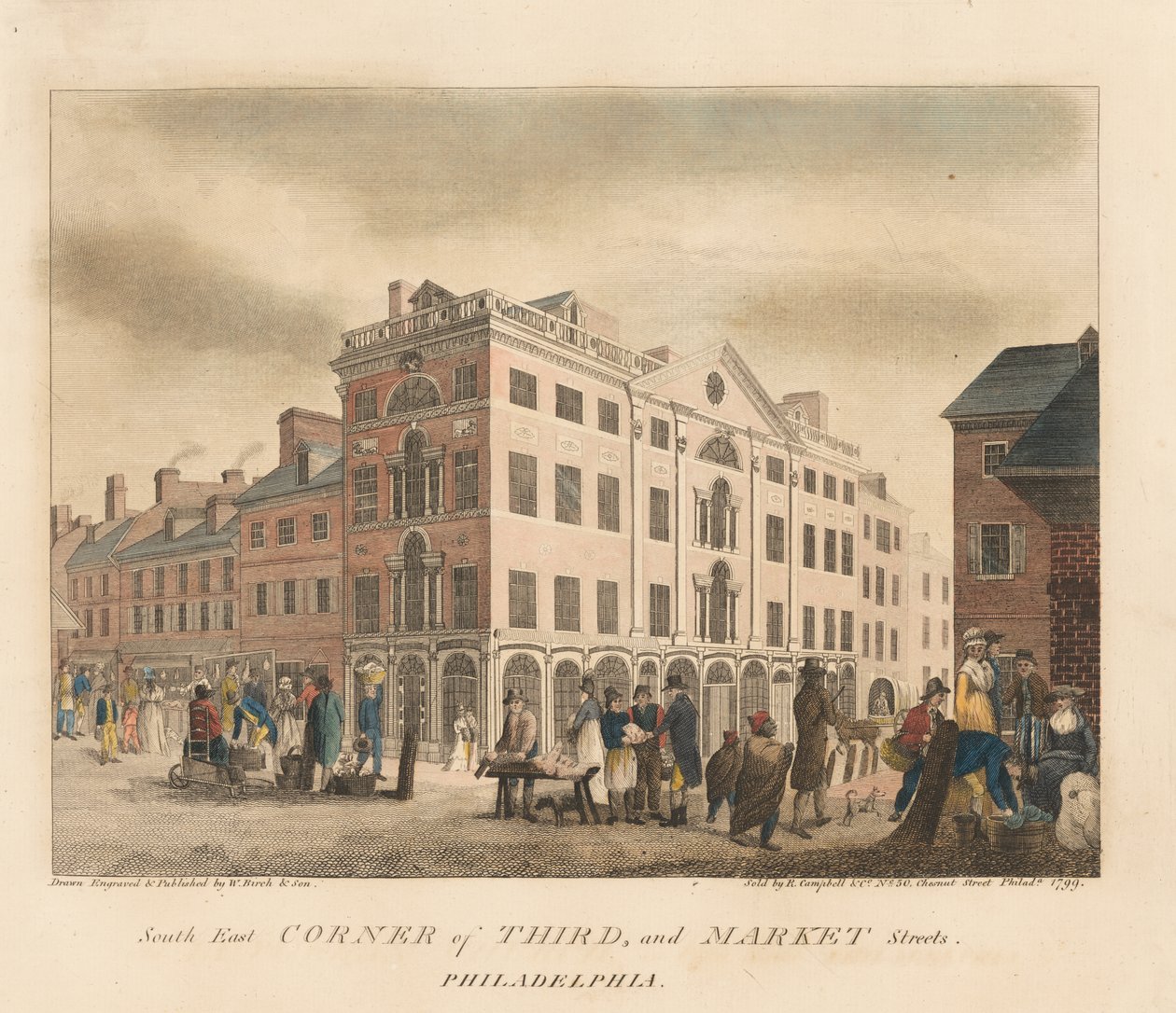 Det sydøstlige hjørne af Third Street og Market Street af William Russell Birch