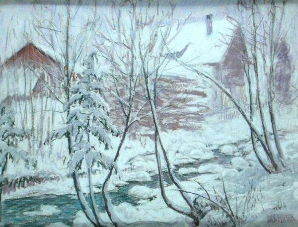 Hytter i sneen (pastel ombord) af William Samuel Horton