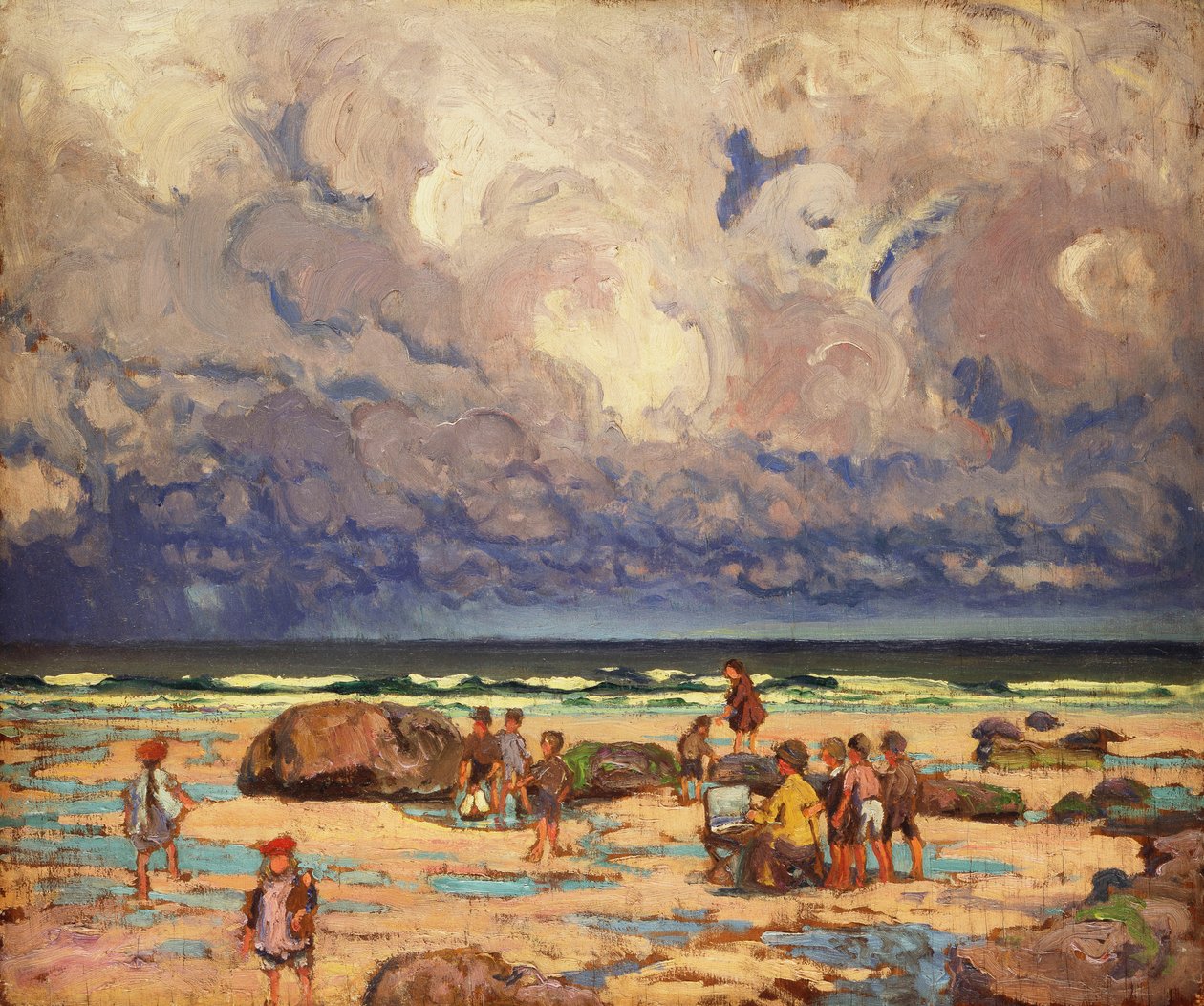 Børn på stranden, ca. 1910 (olie på panel) af William Samuel Horton