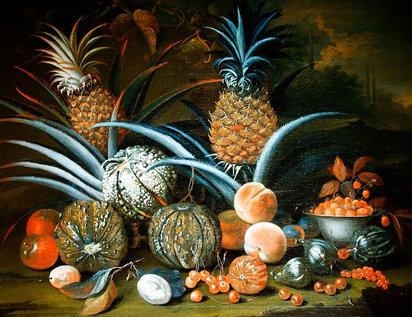 Stilleben af ananas, meloner, ferskner, jordbær, kirsebær og andre frugter (olie på lærred) af William Sartorius