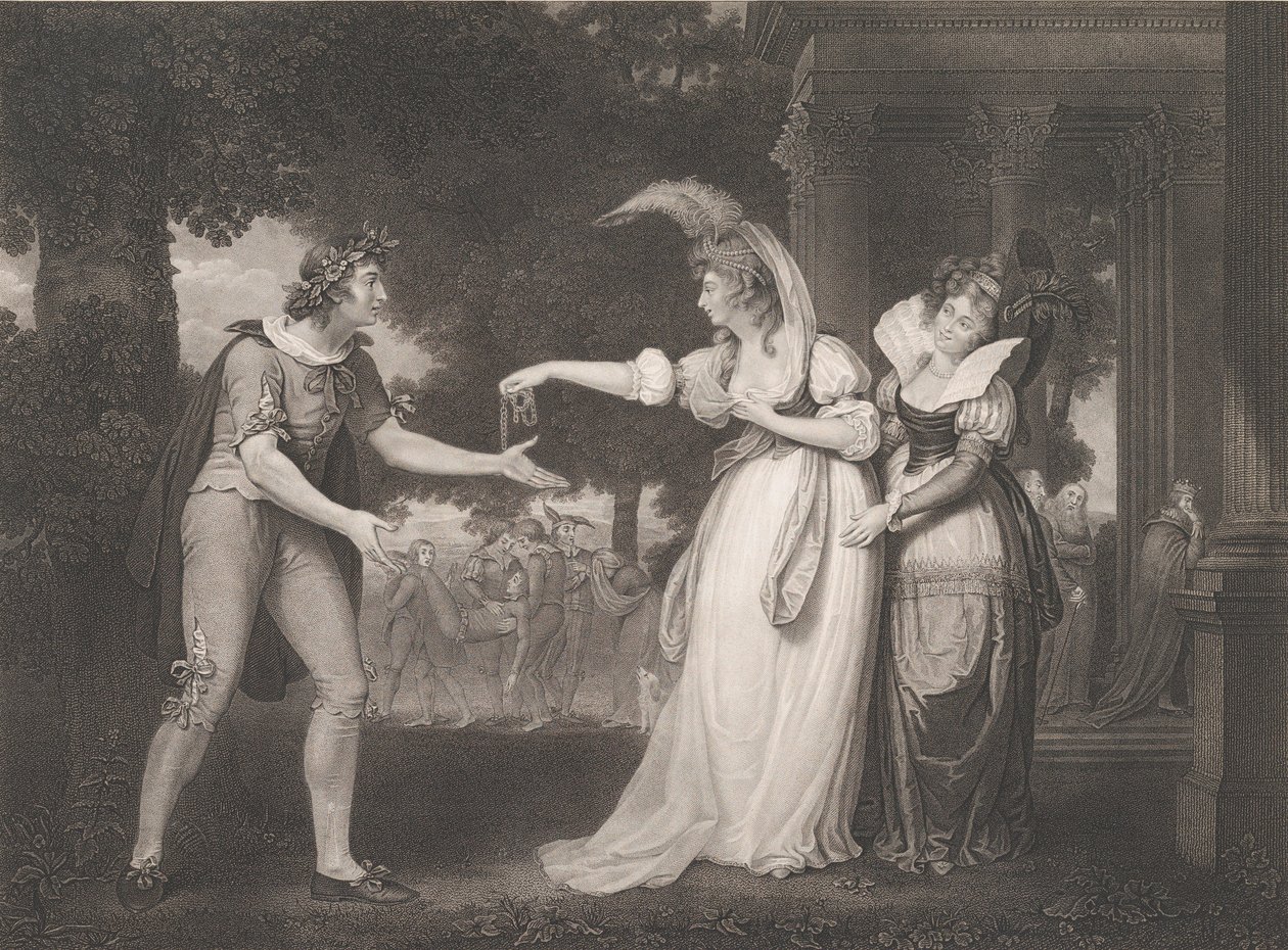 Før hertugens palads-Rosalind, Celia, Orlando, hertugen..., første gang udgivet 1800, genudgivet 1852. af William Satchwell Leney