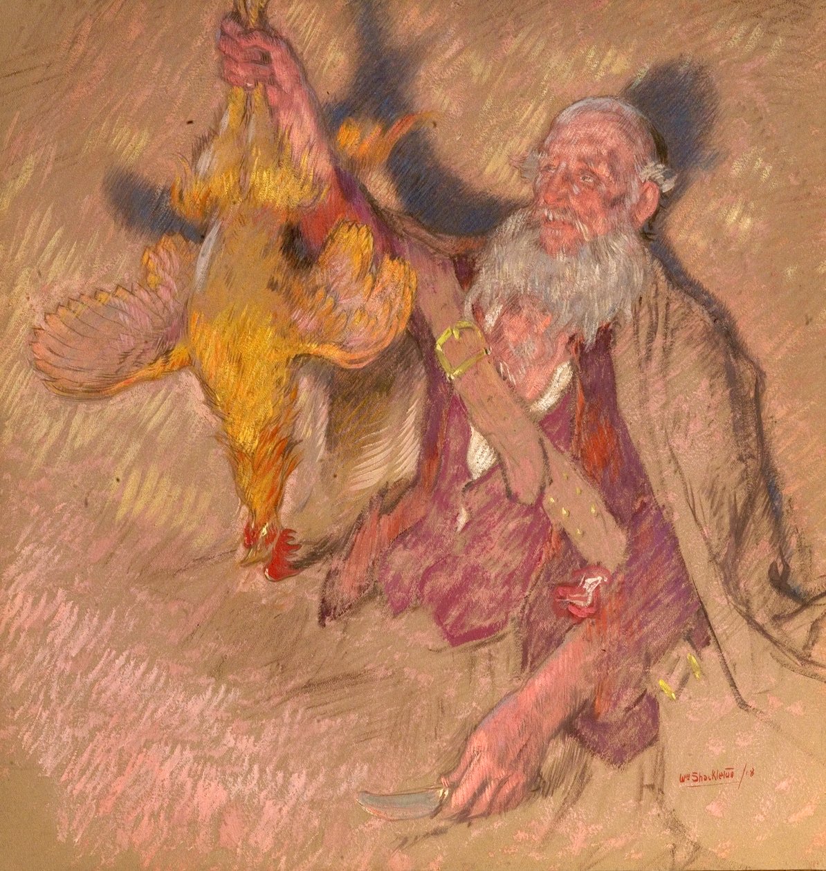 Study of a Man Holding a Cock for Highland Raiders, 1918 (olie på papir) af William Shackleton