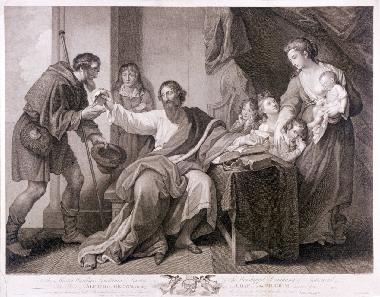 Alfred den Store deler sit brød med pilgrimmen, 1782 af William Sharpe