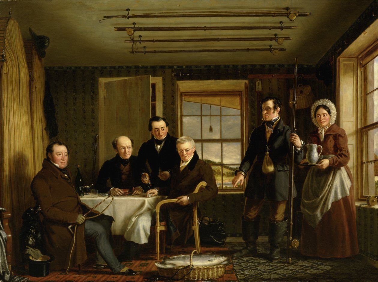 Diskuterer en fangst af laks i en skotsk fiskehytte, ca. 1840 (olie på lærred) af William Shiels