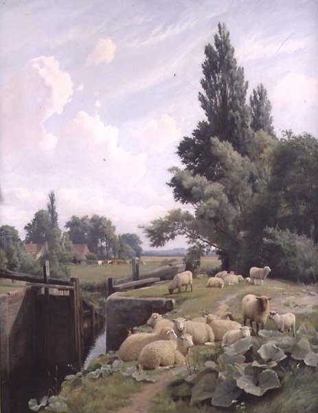 Landskab med en kanalsluse og en flok får af William Sidney Cooper