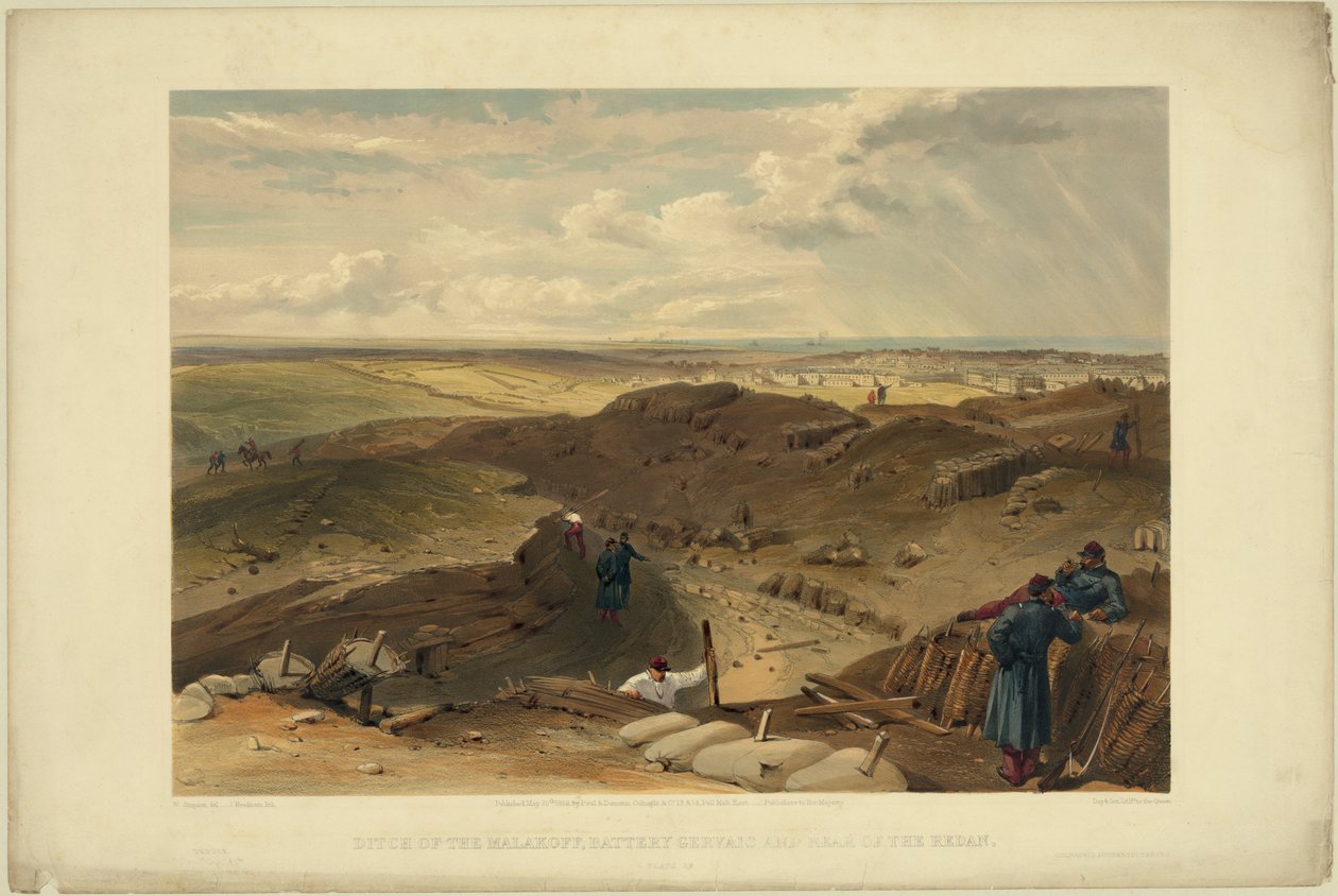 Malakoff-skanse, batterigervais og bagsiden af redan, 1855 af William Crimea Simpson