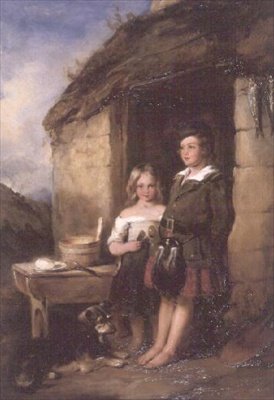 Highland Children ved døren til en Bothy af William Simson
