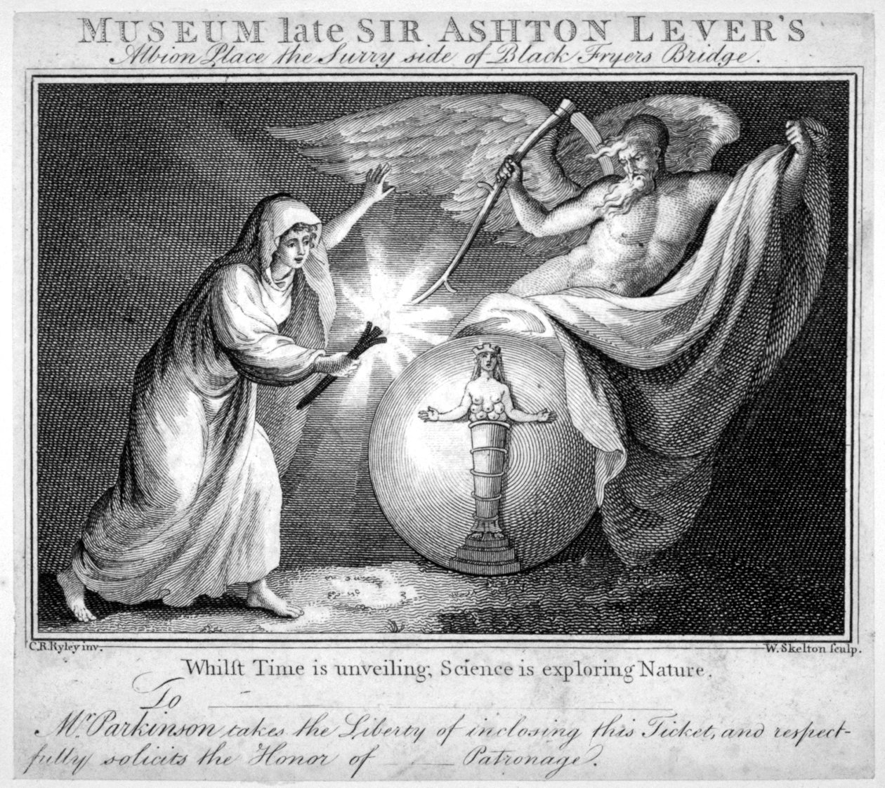 Billet til Leverian Museum, Albion Place, Southwark, London, c1805 af William Skelton