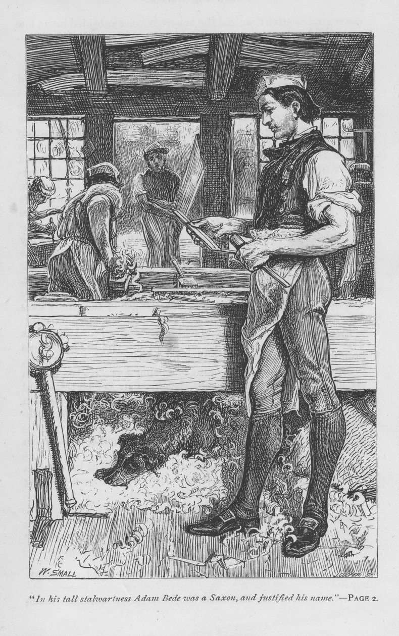 Adam Bede, landsbyens tømrer, i værkstedet, hans hund Gyp på en bunke spåner under bænken. Adam Bede af George Eliot, udgivet første gang 1859. Illustration af William Small (1843-1929) fra en udgave udgivet c1885. af William Small