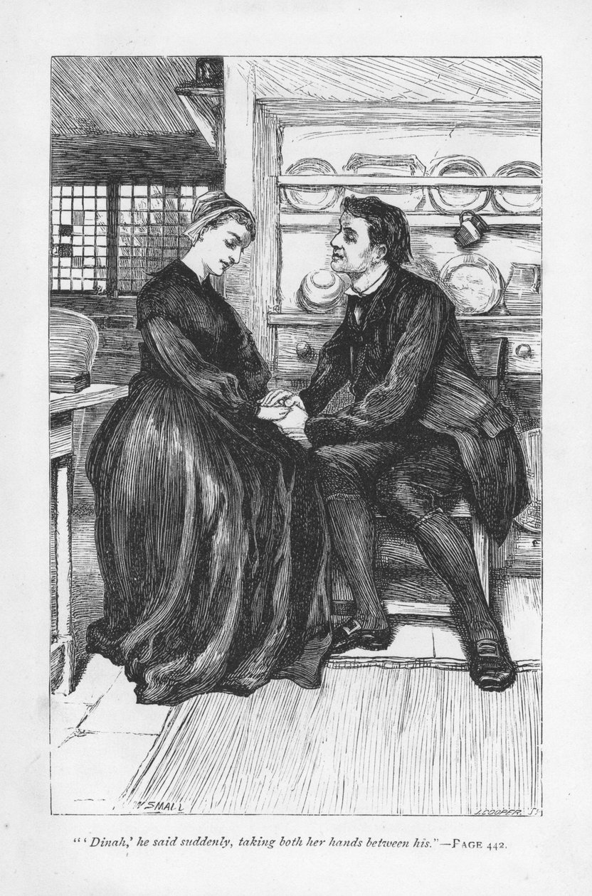 Efter historiens prøvelser og trængsler erklærer Adam Bede sin kærlighed til Dinah Morris, metodistprædikanten. Adam Bede af George Eliot, udgivet første gang 1859. Illustration af William Small (1843-1929) fra en udgave udgivet c1885. af William Small
