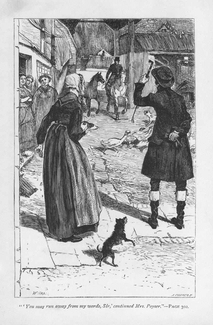 Fru Poyser, hustru til Hetty Sorrels bondeonkel, Martin Poyser, sammen med væbneren Donnithorne, hvis søn Arthur forførte Hetty. Mrs Poyser er muligvis George Eliots mest succesrige tegneseriefigur. Adam Bede af George Eliot, udgivet første gang 1859. Illu af William Small