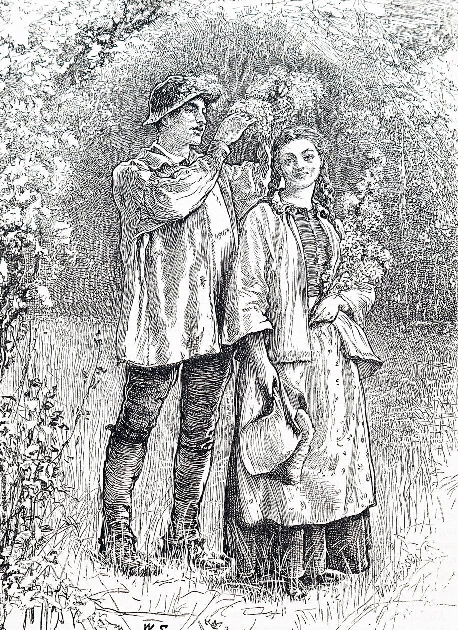 Majdronningens kroning med en krans af tjørn af sin kæreste. Af William Small (1843-1929), en engelsk illustrator af William Small