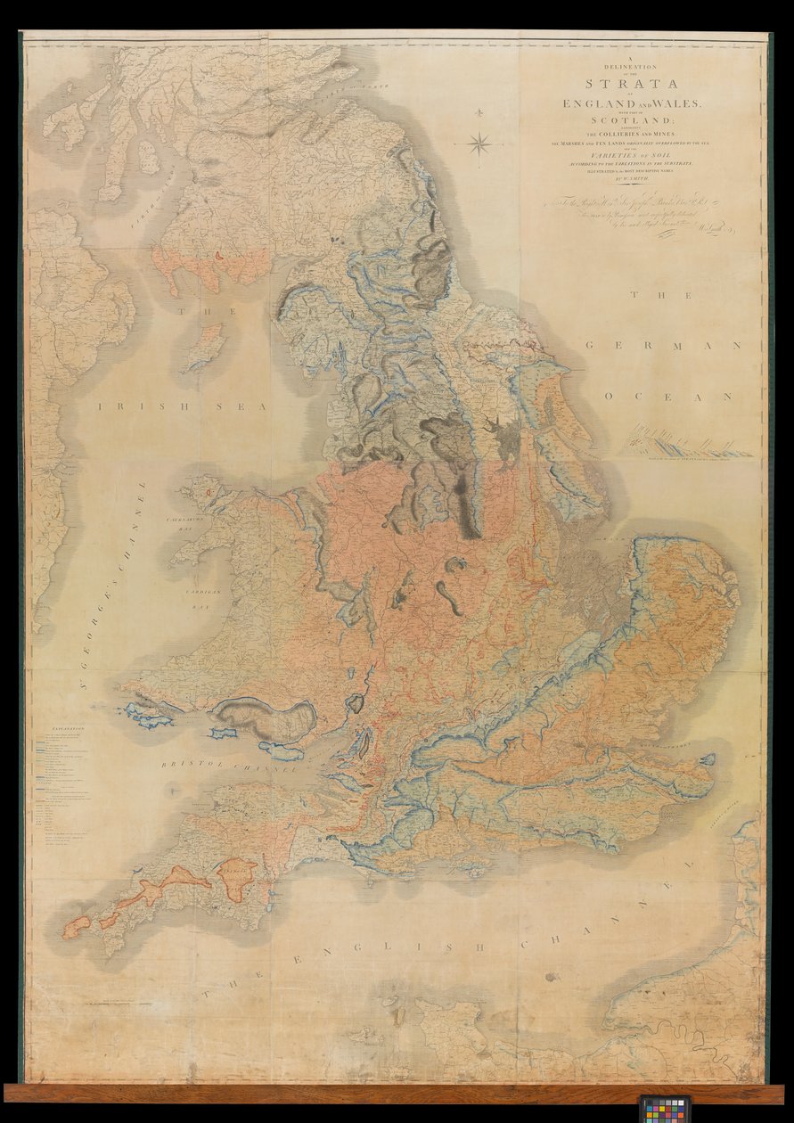 En afgrænsning af lagene i England og Wales med en del af Skotland, der viser kulminerne og minerne, sumpene og moseområderne, der oprindeligt blev oversvømmet af havet, og jordbundsvarianterne i henhold til variationerne i underlaget, illustreret af de... af William Smith