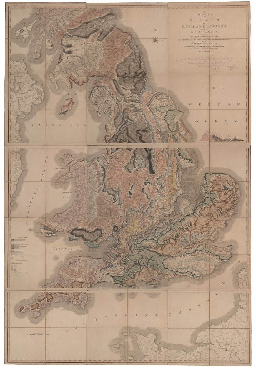 Afgrænsning af lag af England og Wales med en del af Skotland Det første geologiske kort over af William Smith