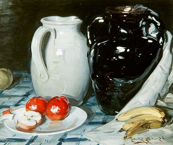 Stilleben med æbler og bananer og en stor kande og vase (olie på bord) af William Somerville Shanks
