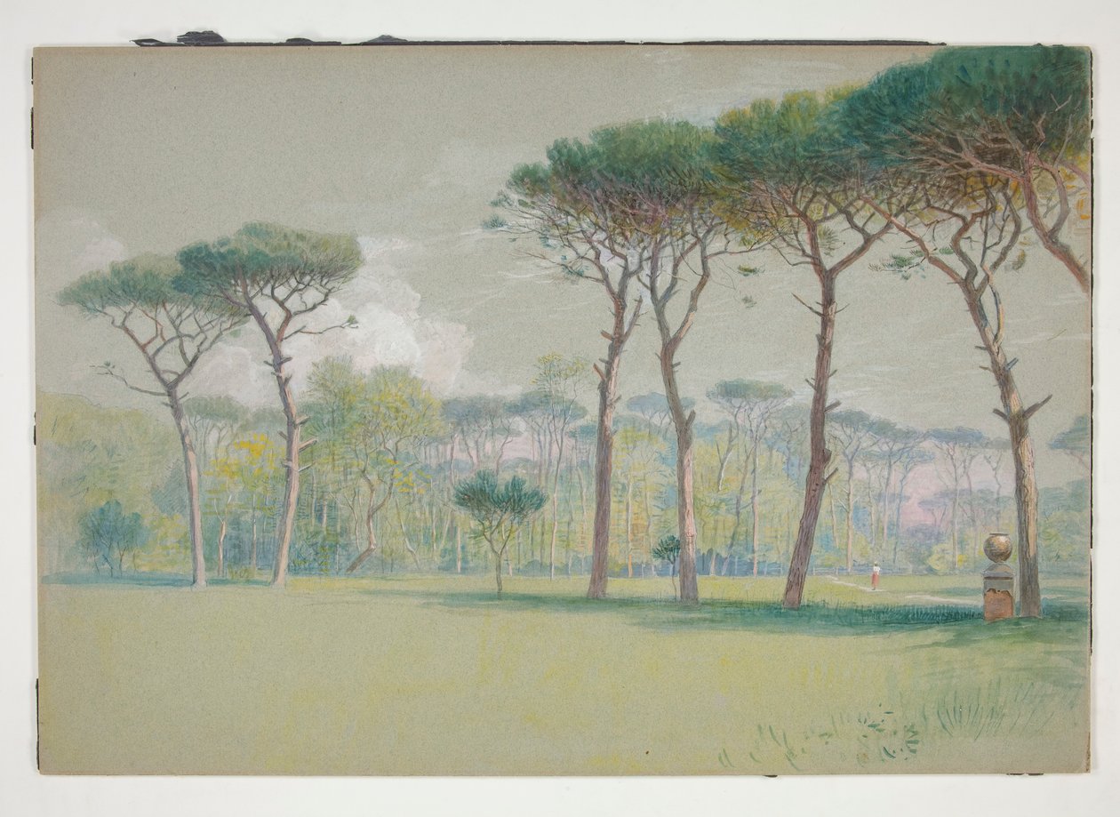 Castel Fusano: Landskab - stor græsplæne og træer af William Stanley Haseltine