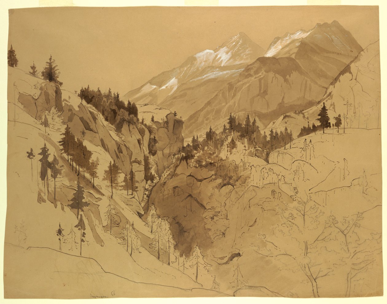 Tegning, bjerge nær Meiringen, Schweiz, 1856 af William Stanley Haseltine