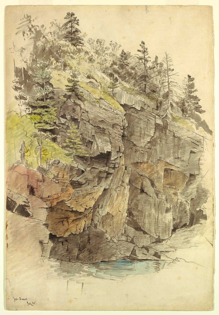 Tegning, klippevæg, nær Otter Cliffs, Mt. Desert, 1859 af William Stanley Haseltine