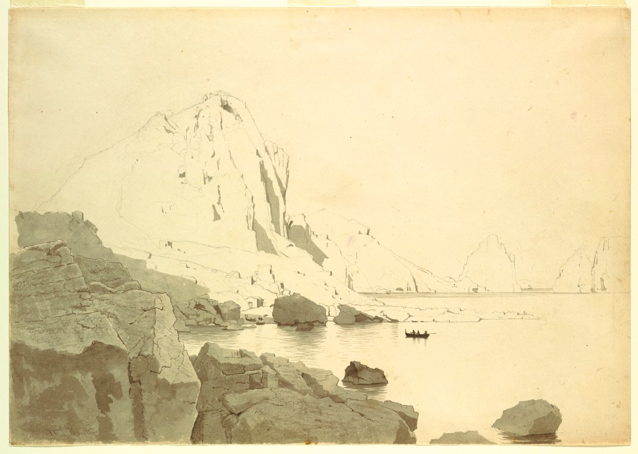 Tegning, Udsigt over Capri, Italien, med den sydlige kyst og Faraglione, ca. 1865 af William Stanley Haseltine