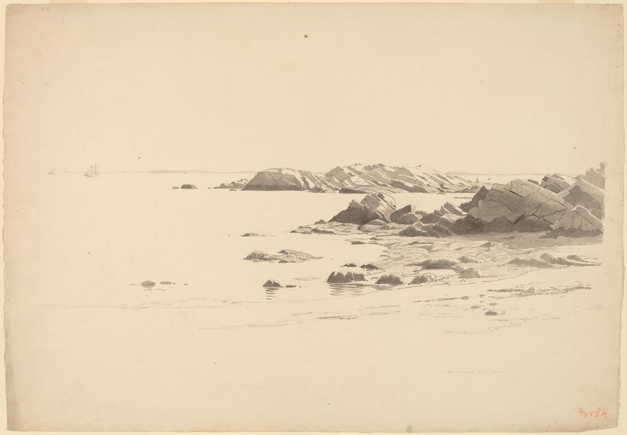 Klippestrand med fjerne både af William Stanley Haseltine