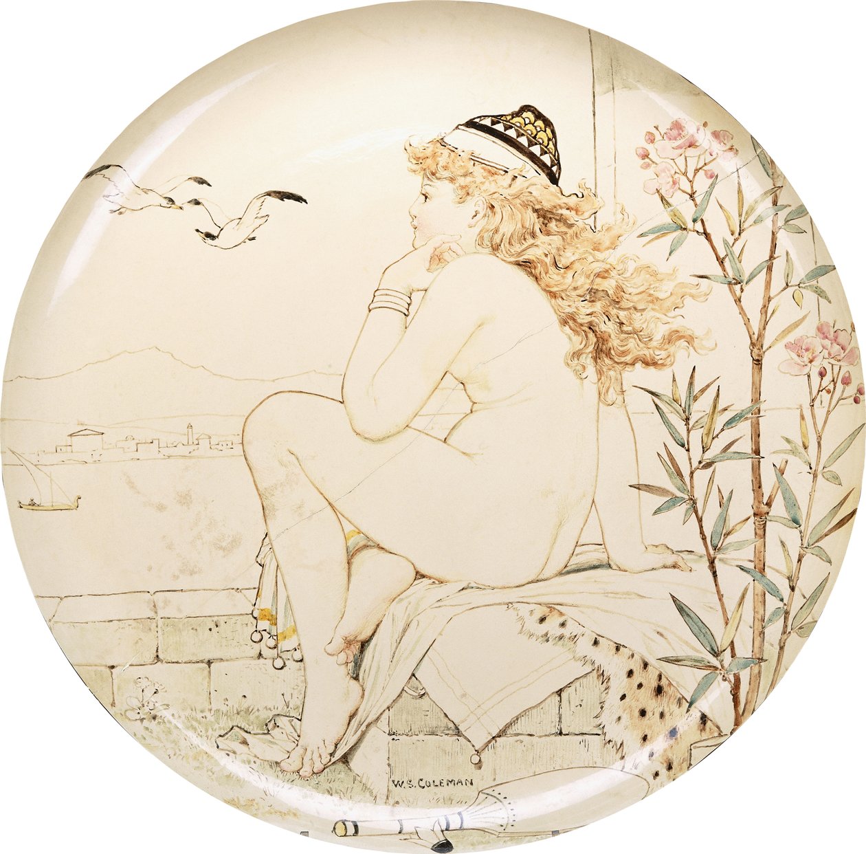 En Minton Art Pottery Studio-oplader, malet med en nøgen, der stirrer ud på havet, 1800-tallet af William Stephen Coleman