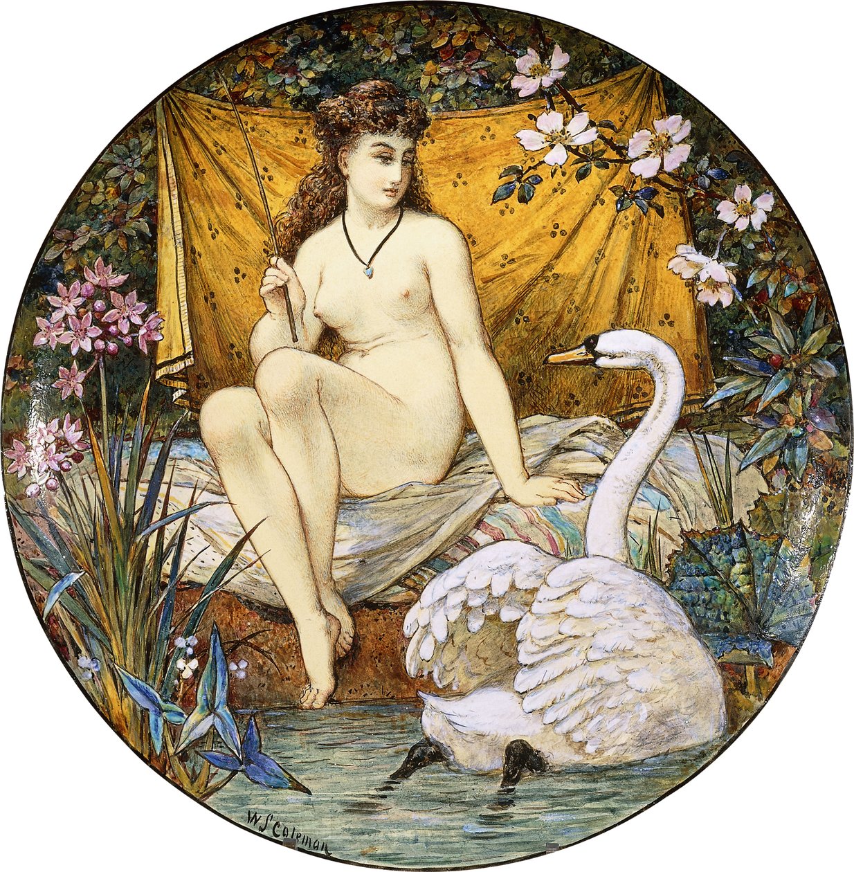 En stor tazza af minton lertøj, der forestiller Leda og svanen, af William Stephen Coleman