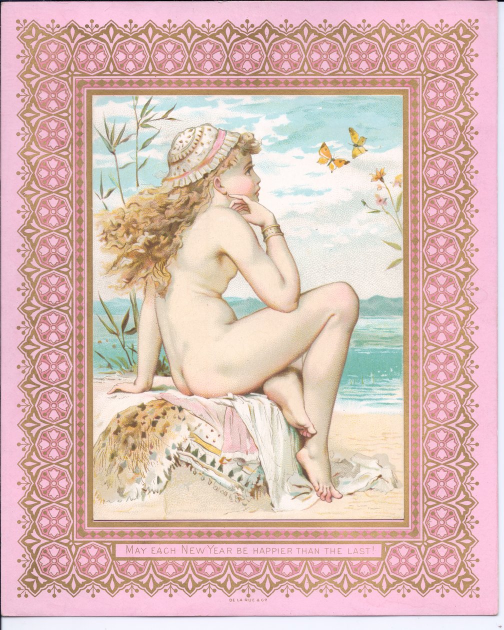Victoriansk nytårskort af en badende skønhed på en strand, ca. 1881 af William Stephen Coleman