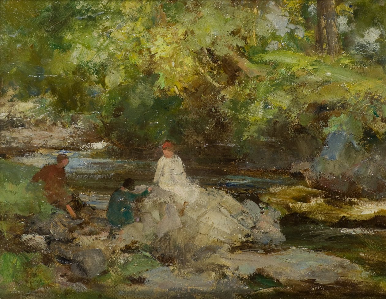 Tre figurer ved en flod (olie på lærred) af William Stewart MacGeorge