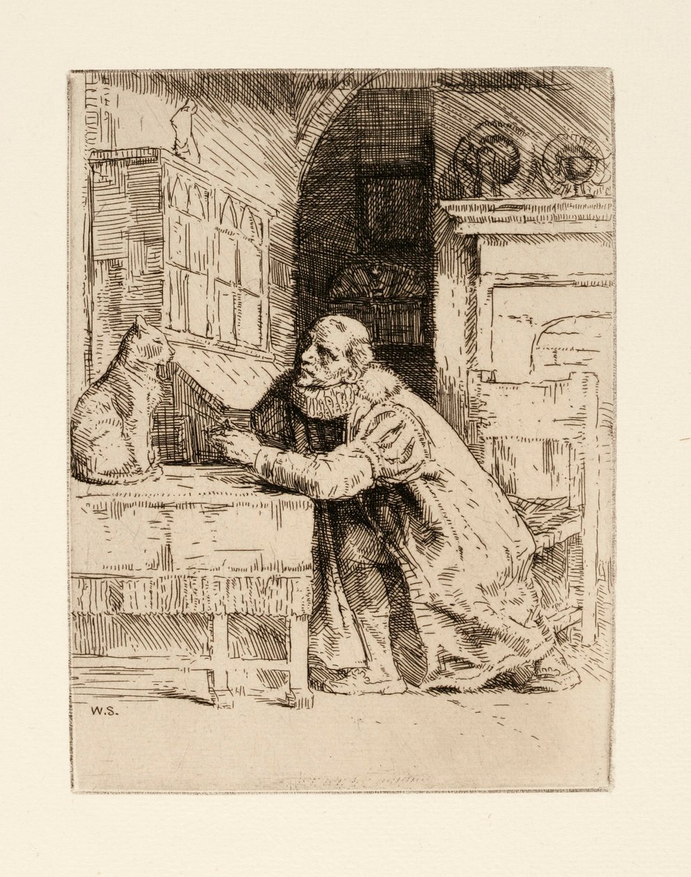 Montaigne og katten. Illustration af Izaak Walton og Charles Cotton fra The Compleat Agler af William Strang