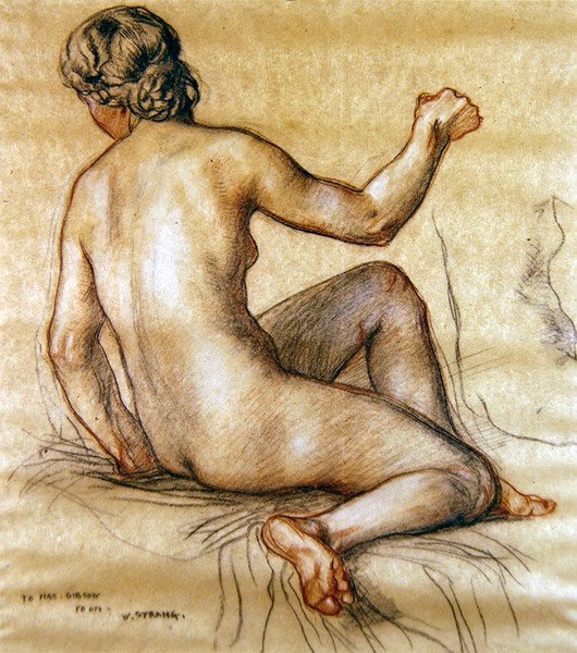 Studie af en kvindelig nøgen siddende bagfra, ca. 1890 (kul, rødt og hvidt kridt på papir) af William Strang
