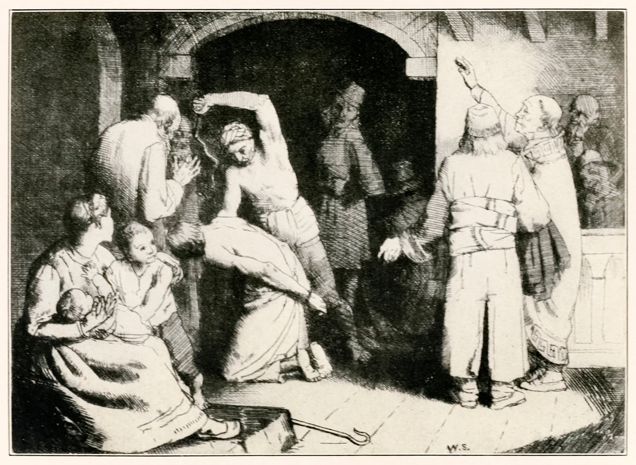 De troendes plage fra pilgrimmenes fremgang fra denne verden, til det som skal komme af John Bunyan (1628-1688) illustration af William Strang (1859-1921) Trofast bliver tortureret efter sin tria af William Strang