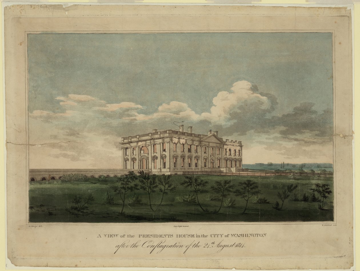 Udsigt over det hvide hus i byen Washington efter branden den 24. august 1814, 1 af William Strickland