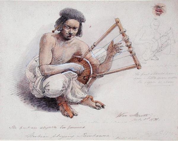 Nubian Playing Tambourine, 8. juli 1878 (blyant og vask på papir) af William Strutt