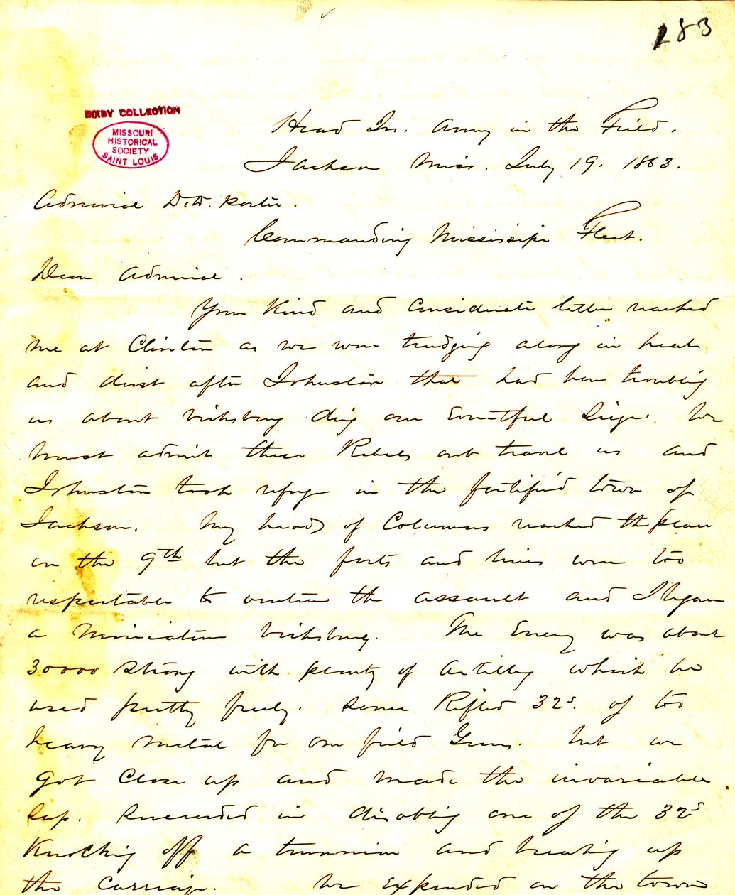 Brev fra W. T. Sherman, hovedkvarter, Army in the Field, Jackson, Mississippi, til [David D.] Porter, 19. juli 1863 af William T. Sherman