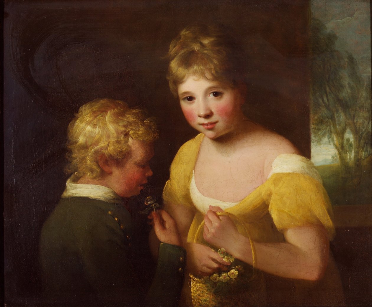 To børn med en kurv med blomster (olie på lærred) af William Tate